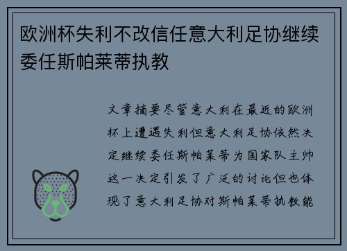 欧洲杯失利不改信任意大利足协继续委任斯帕莱蒂执教