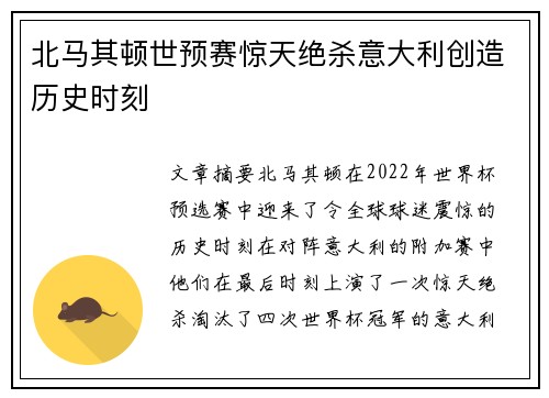 北马其顿世预赛惊天绝杀意大利创造历史时刻