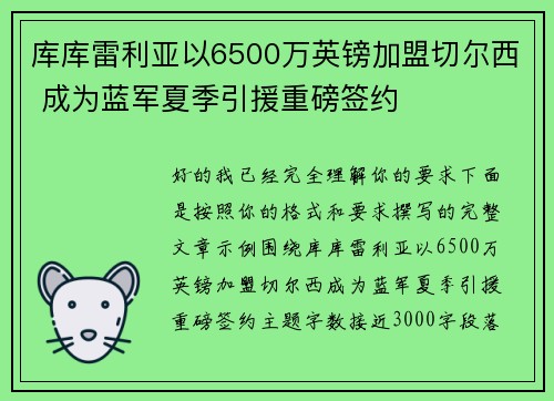 库库雷利亚以6500万英镑加盟切尔西 成为蓝军夏季引援重磅签约 库库雷利亚以6500万英镑加盟切尔西 成为蓝军夏季引援重磅签约